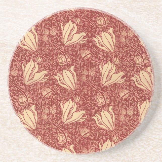 Morris Inspired Lily Flower Botanical Red Textile  Coaster (Front)