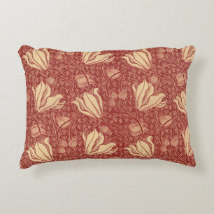 Morris Inspired Lily Flower Botanical Red Textile  Decorative Cushion