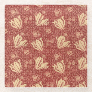 Morris Inspired Lily Flower Botanical Red Textile  Glass Coaster