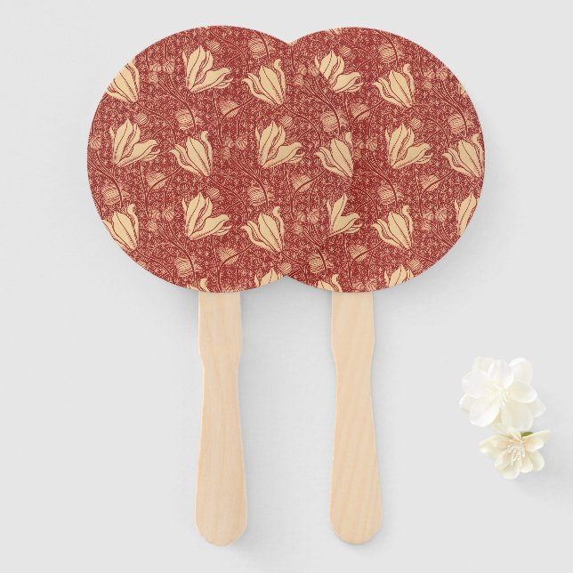 Morris Inspired Lily Flower Botanical Red Textile  Hand Fan (Front and Back)