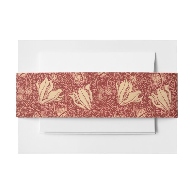 Morris Inspired Lily Flower Botanical Red Textile  Invitation Belly Band (Front Example)