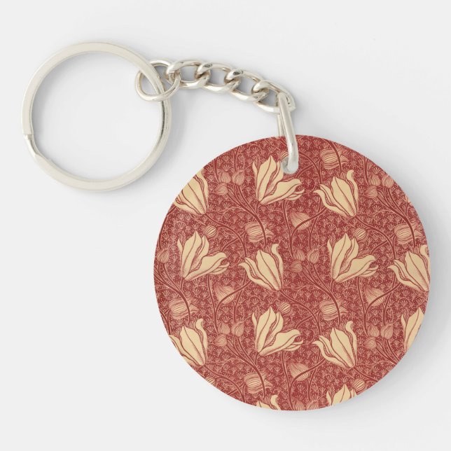 Morris Inspired Lily Flower Botanical Red Textile  Key Ring (Front)