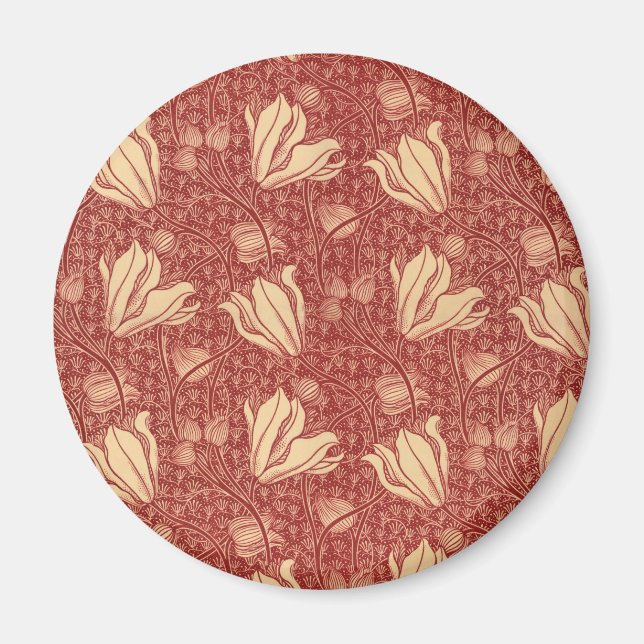 Morris Inspired Lily Flower Botanical Red Textile  Magnet (Front)