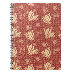 Morris Inspired Lily Flower Botanical Red Textile  Notebook