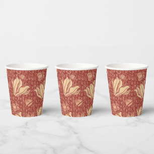 Morris Inspired Lily Flower Botanical Red Textile Paper Cups