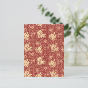 Morris Inspired Lily Flower Botanical Red Textile  Postcard