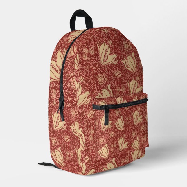 Morris Inspired Lily Flower Botanical Red Textile  Printed Backpack (Back Corner Left)