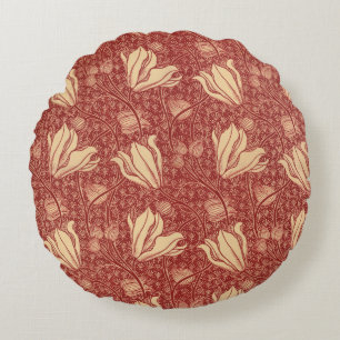 Morris Inspired Lily Flower Botanical Red Textile  Round Cushion