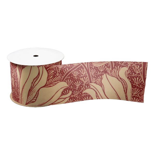 Morris Inspired Lily Flower Botanical Red Textile  Satin Ribbon (Spool)
