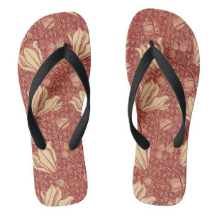 Morris Inspired Lily Flower Botanical Red Textile Thongs