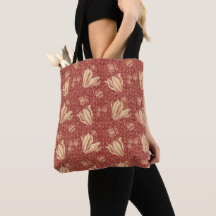Morris Inspired Lily Flower Botanical Red Textile Tote Bag