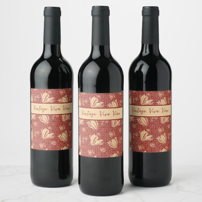 Morris Inspired Lily Flower Botanical Red Textile  Wine Label (Bottles)