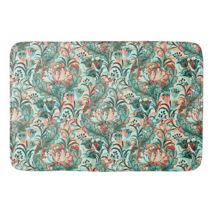 Morris Inspired Tulips,Peonies,Acanthus Green Bath Mat