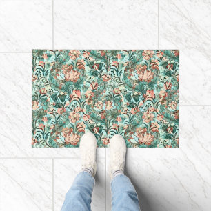 Morris Inspired Tulips,Peonies,Acanthus Green Doormat