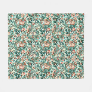 Morris Inspired Tulips,Peonies,Acanthus Green Fleece Blanket