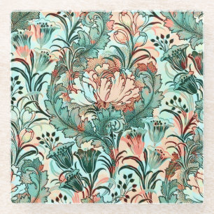 Morris Inspired Tulips,Peonies,Acanthus Green Glass Coaster