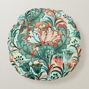Morris Inspired Tulips,Peonies,Acanthus Green Round Cushion