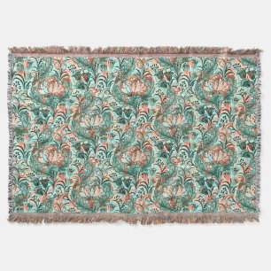 Morris Inspired Tulips,Peonies,Acanthus Green Throw Blanket