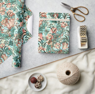 Morris Inspired Tulips,Peonies,Acanthus Green Wrapping Paper