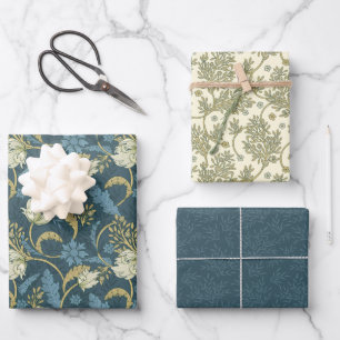 Morris Park Blue and Green Floral Demask Wrapping Paper Sheet
