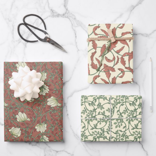 Morris Park Copper and Green Floral Demask Wrapping Paper Sheet (Front)