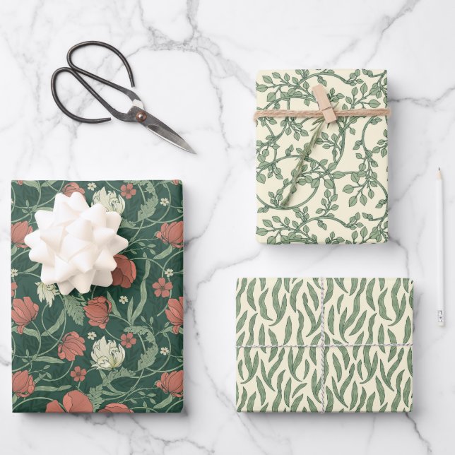 Morris Park Red and Green Floral Demask Wrapping Paper Sheet (Front)