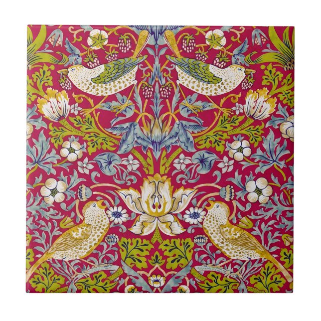 Morris Red Background Strawberry Thief Pattern Ceramic Tile (Front)