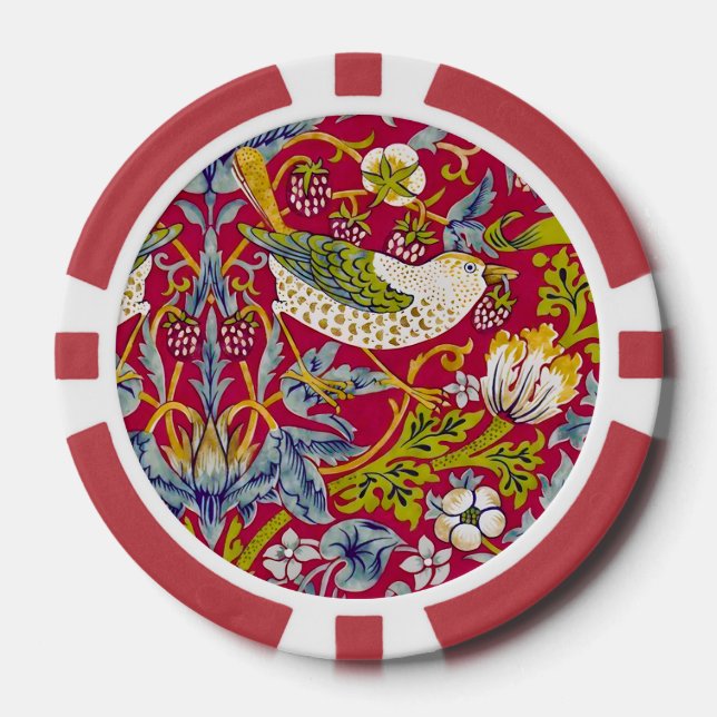 Morris Red Background Strawberry Thief Pattern Poker Chips (Front)