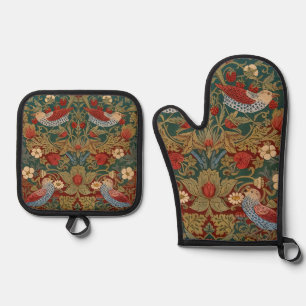 Morris - Strawberry Thief #2 Floral Pattern Oven Mitt & Pot Holder Set