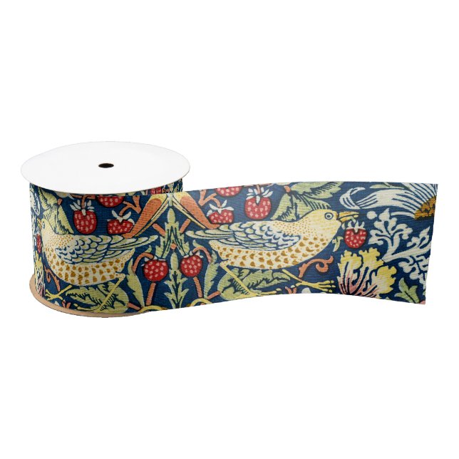 Morris - Strawberry Thief Bird & Floral Pattern Satin Ribbon (Spool)