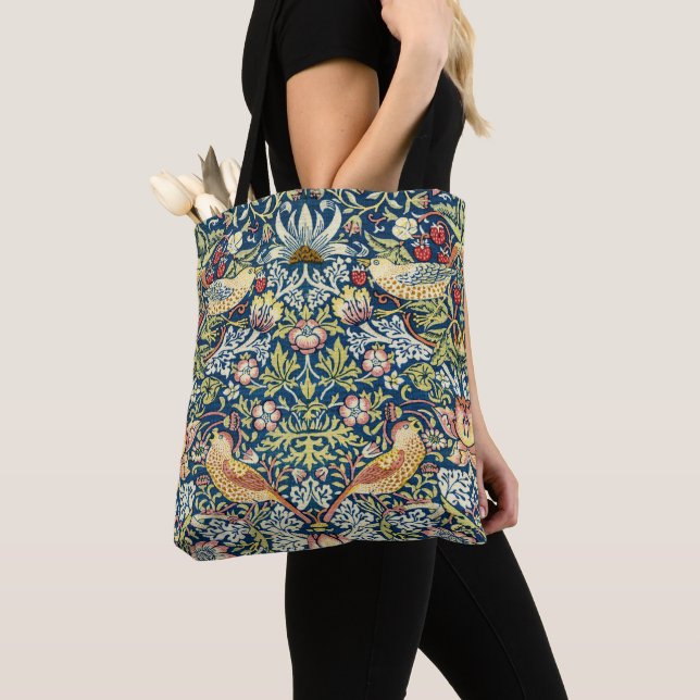 Morris - Strawberry Thief Bird & Floral Pattern Tote Bag (Close Up)