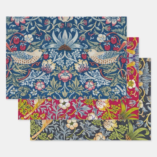 Morris Strawberry Thief Birds & Flower Pattern Wrapping Paper Sheet (Set)