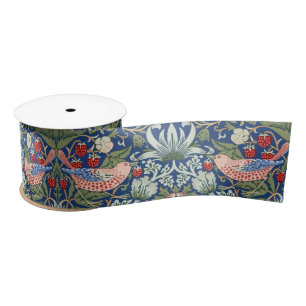 Morris Strawberry Thief Floral Pattern Blue Green Satin Ribbon
