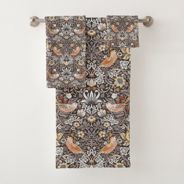 Morris Strawberry Thief Floral Pattern Earth Tones Bath Towel Set (Insitu)