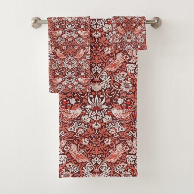 Morris Strawberry Thief Floral Pattern Vintage Red Bath Towel Set (Insitu)