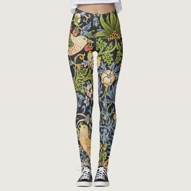Morris Strawberry Thief Navy Blue Vintage Fine Art Leggings (Front)