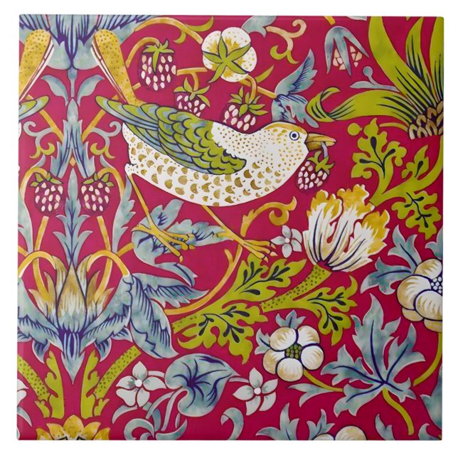 Morris Strawberry Thief Raspberry Red Lime Floral Ceramic Tile (Front)