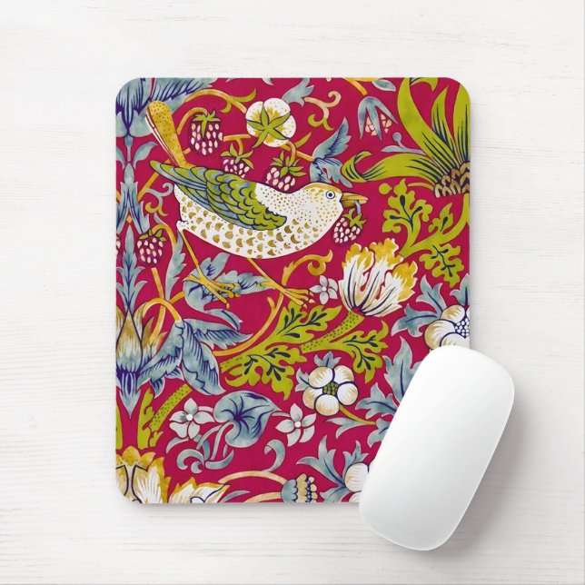 Morris Strawberry Thief Raspberry Red Lime Floral Mouse Pad (With Mouse)