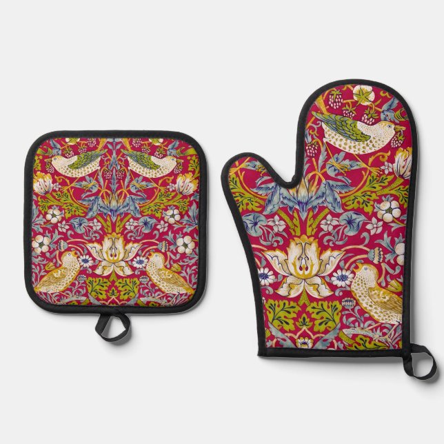 Morris Strawberry Thief Raspberry Red Lime Floral Oven Mitt & Pot Holder Set (Front)