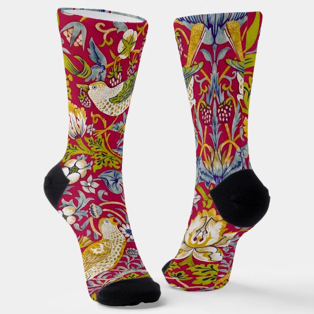 Morris Strawberry Thief Raspberry Red Lime Floral Socks (Angled)