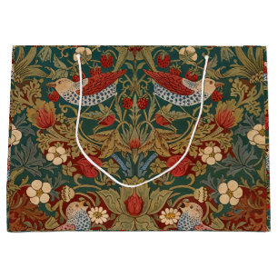 Morris Strawberry Thief Teal Green Red Floral Art Large Gift Bag