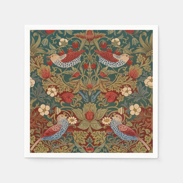 Morris Strawberry Thief Teal Green Red Floral Art Napkin (Front)