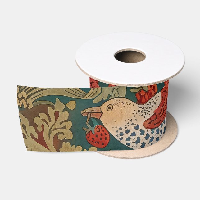 Morris Strawberry Thief Teal Green Red Floral Art Satin Ribbon (Spool)