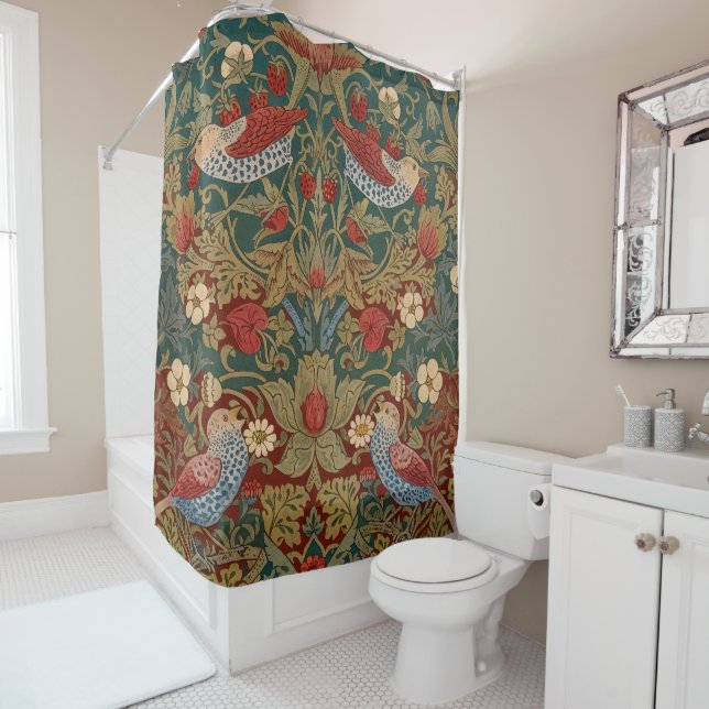 Morris Strawberry Thief Teal Green Red Floral Art Shower Curtain (In Situ)