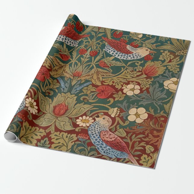 Morris Strawberry Thief Teal Green Red Floral Art Wrapping Paper (Unrolled)