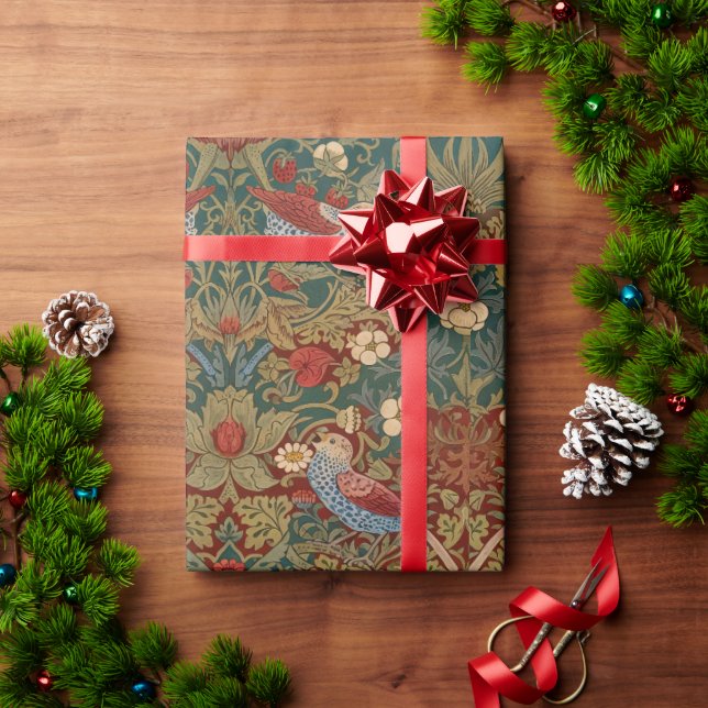 Morris Strawberry Thief Teal Green Red Floral Art Wrapping Paper (Holiday Gift)