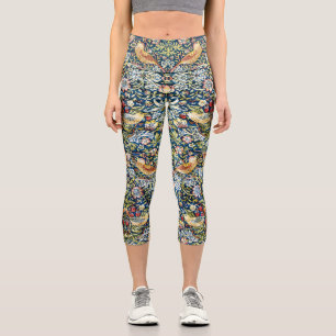 Morris Strawberry Thief Yellow Ivory Slate Blue Capri Leggings