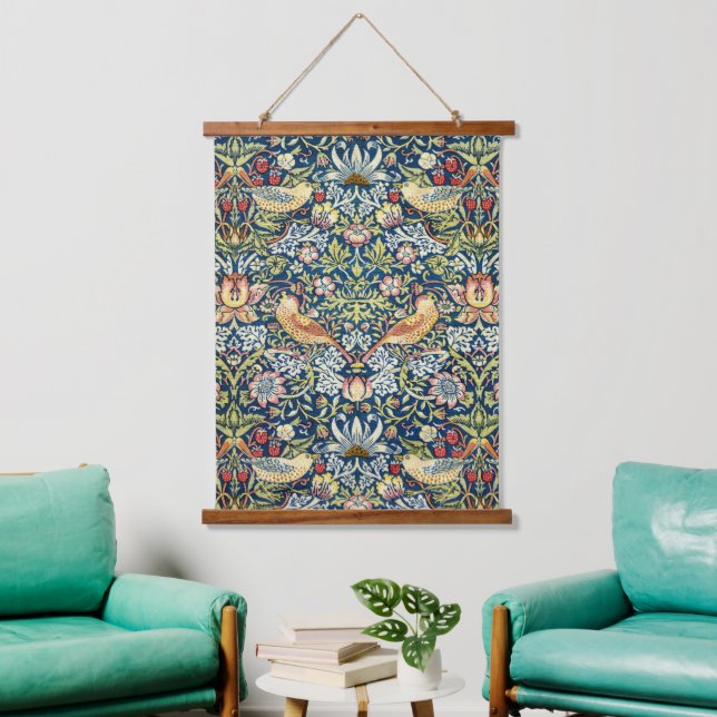 Morris Strawberry Thief Yellow Ivory Slate Blue Hanging Tapestry (Living Room)