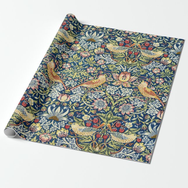 Morris Strawberry Thief Yellow Ivory Slate Blue Wrapping Paper (Unrolled)