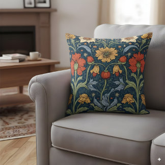 Morris Style Floral Pillow Navy Orange Vintage